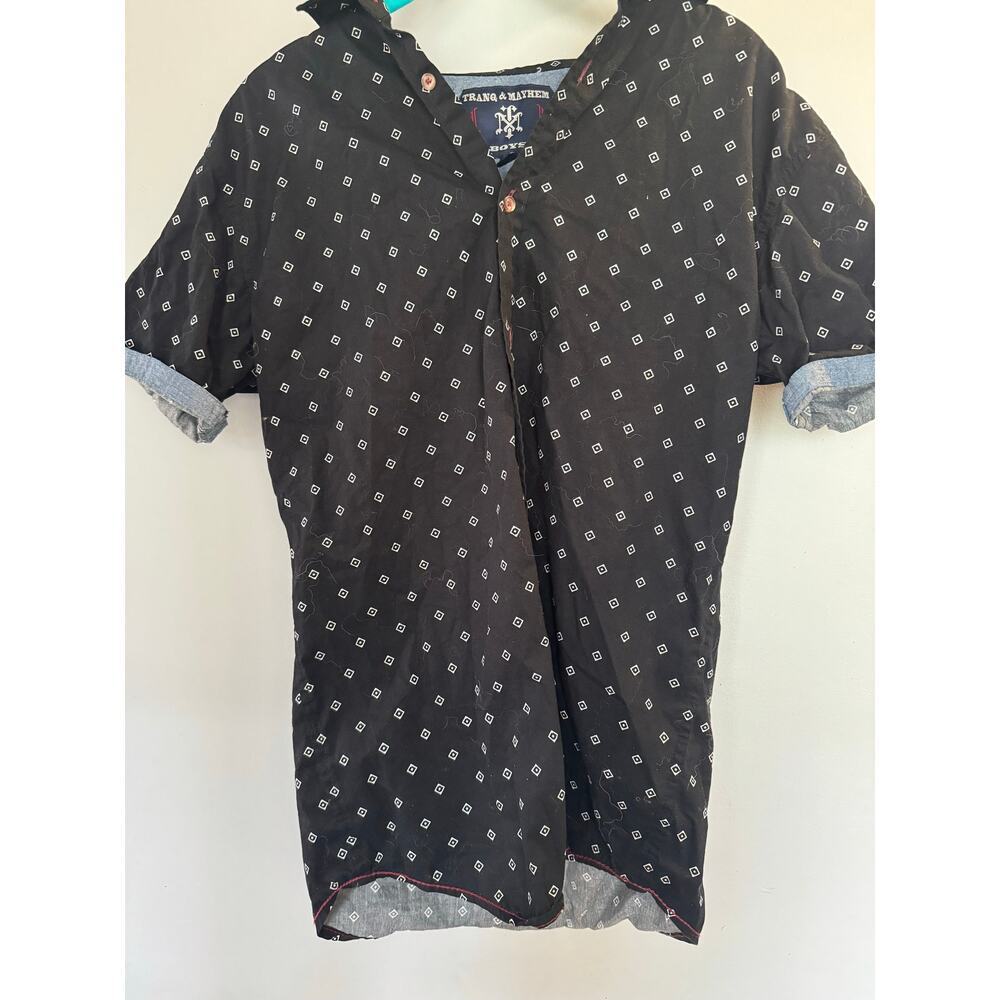 Trang & Mayhem Boys Button Down Shirt Size XL Black Geometric Print Short Sleeve